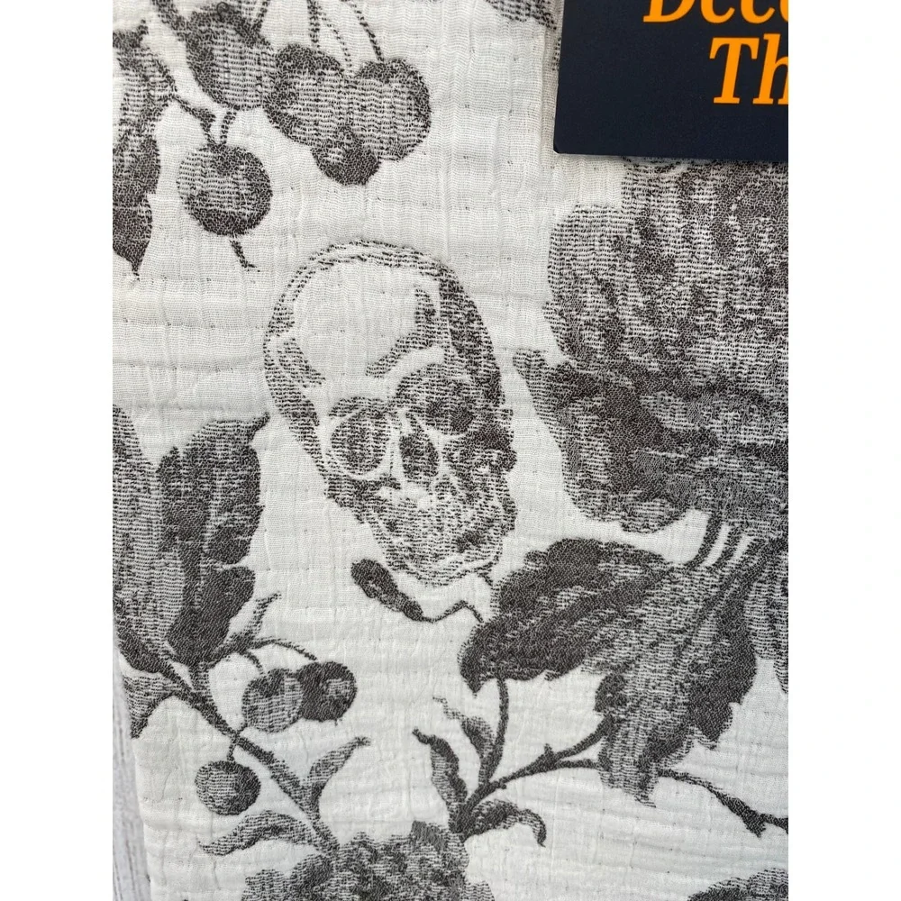 Indigo Home Throw Blanket 50x60 Spooky Skull Floral Toile Grey White Halloween